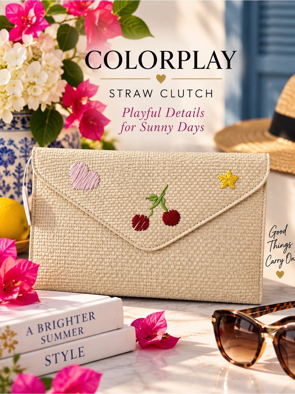 Color Play Straw Clutch with Embroidered Cherry, Heart & Straw Accents New